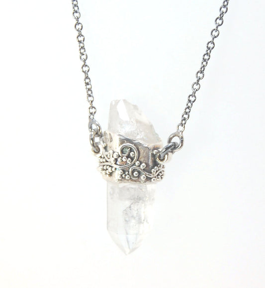 Slant Top Lemurian Quartz Crystal Necklace with Fine Silver granulated girdle I love making these crystal pendants. The silver girdle is hand shaped in fine silver to fit this specific crystal and then is granulated with fine silver wires and granules. Gr