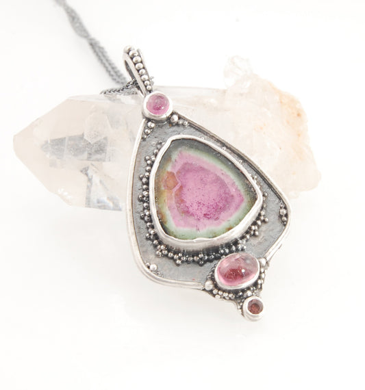 Watermelon Tourmaline Slice and Pink Tourmaline Shield Pendant