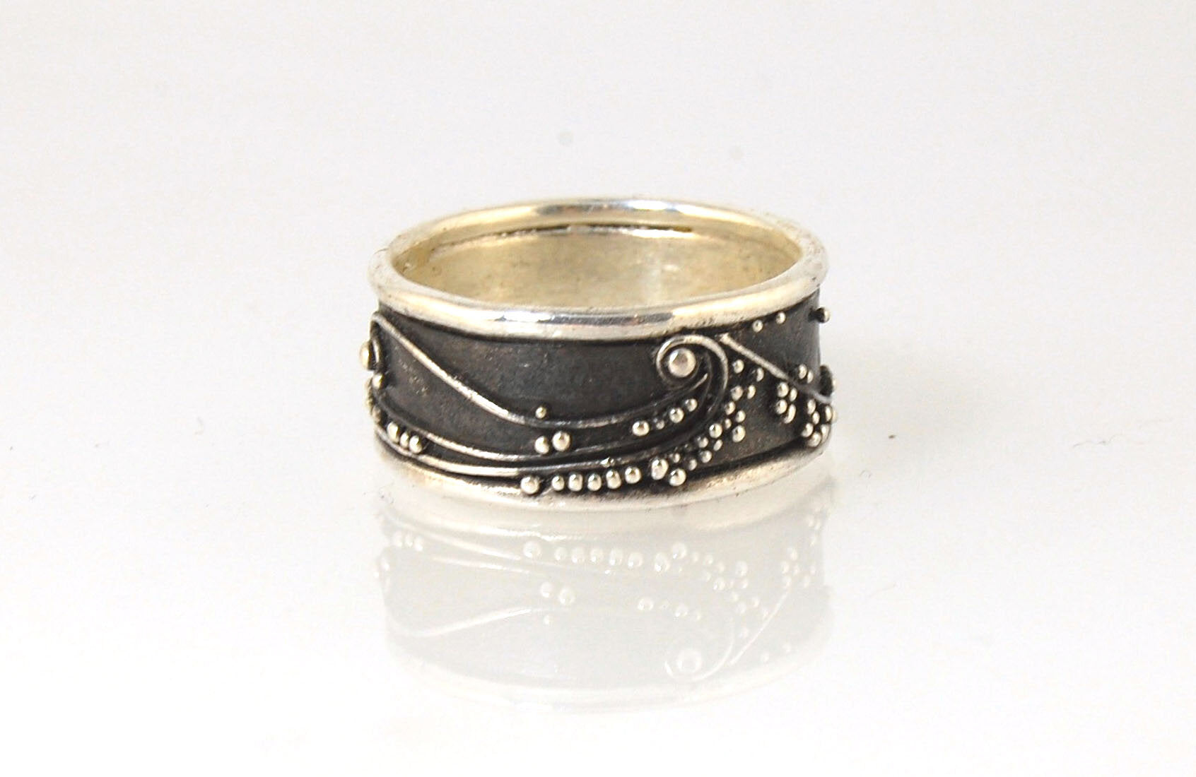 Waves Fine Silver Granulation Ring 11mm wide - PBS RING This is very similar to the ring I made during the segment of “A Craftsman’s Legacy” on PBS a few years ago. I am happy to make one for you in your size.Granulation is an ancient fusing process utili