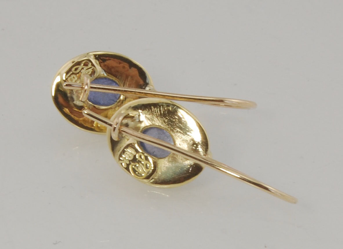 Tanzanite Oval Cabochon 18k Gold Granulated French Safety clasp Earrings