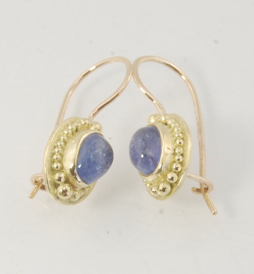 Tanzanite Oval Cabochon 18k Gold Granulated French Safety clasp Earrings