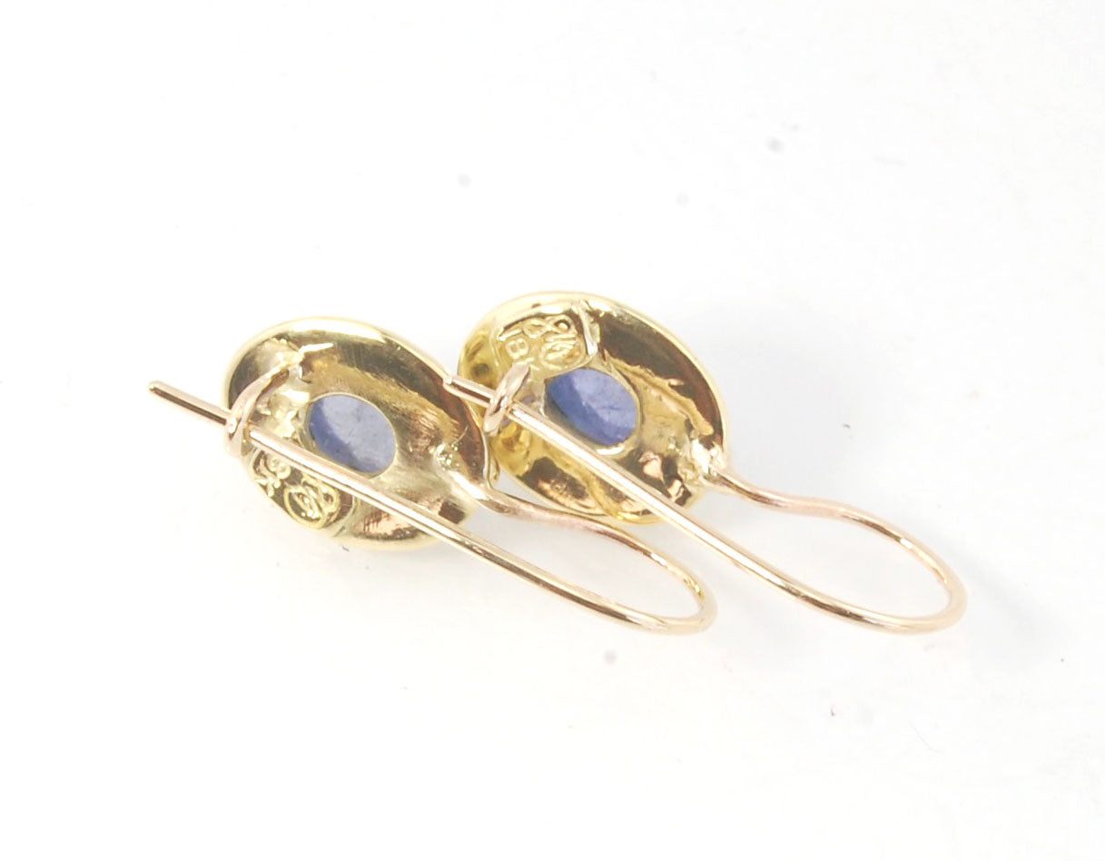 Tanzanite Oval Cabochon 18k Gold Granulated French Safety clasp Earrings