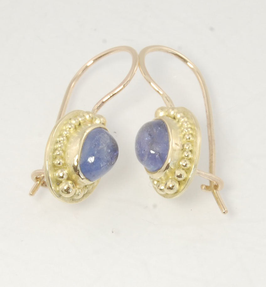 Tanzanite Oval Cabochon 18k Gold Granulated French Safety clasp Earrings