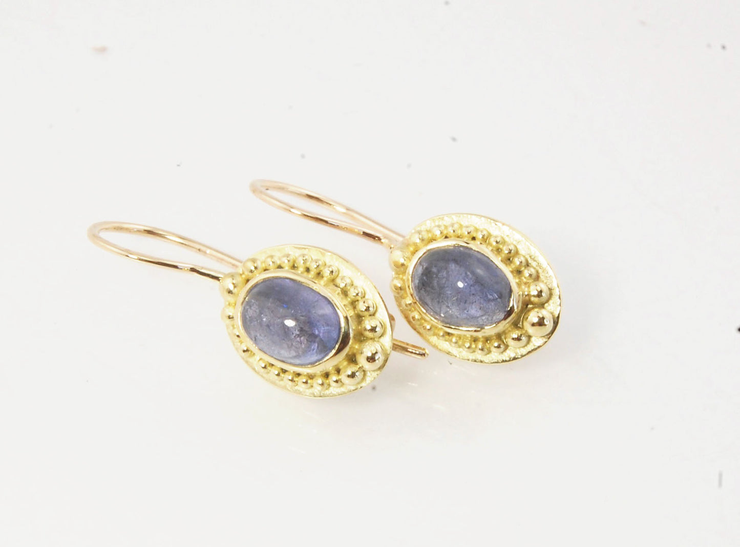 Tanzanite Oval Cabochon 18k Gold Granulated French Safety clasp Earrings