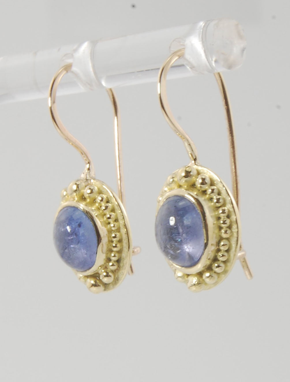 Tanzanite Oval Cabochon 18k Gold Granulated French Safety clasp Earrings