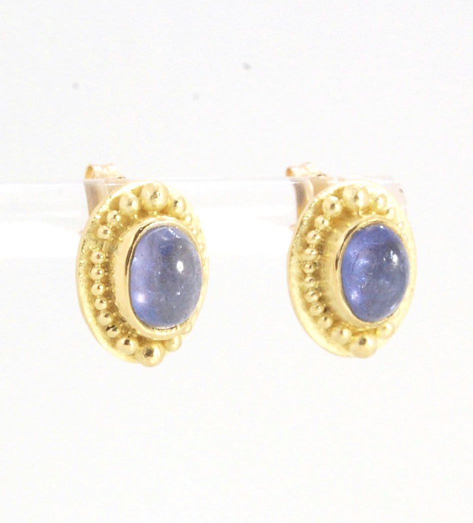 Tanzanite Oval Cabochon 18k Gold Granulated Post Earrings with 14k gold ear nuts I double love this color combination! These luminous, translucent tanzanites look terrific with the juicy 18k gold, especially with this finish. Tanzanite oval cabochons are