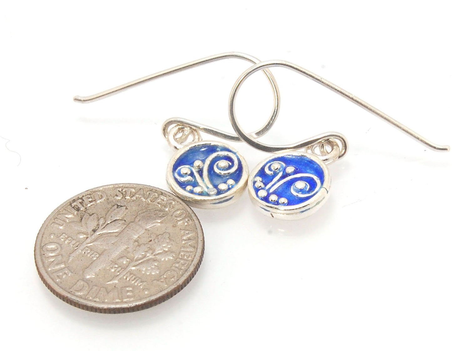 Tiny Enameled Sterling Fern Circle Earrings - 9mm - Prussian Blue These earrings are enameled in a deep Prussian Blue! These are cast from a wax mold of a granulated fern circle I made using the ancient technique of precision fusing. Each piece is cast in