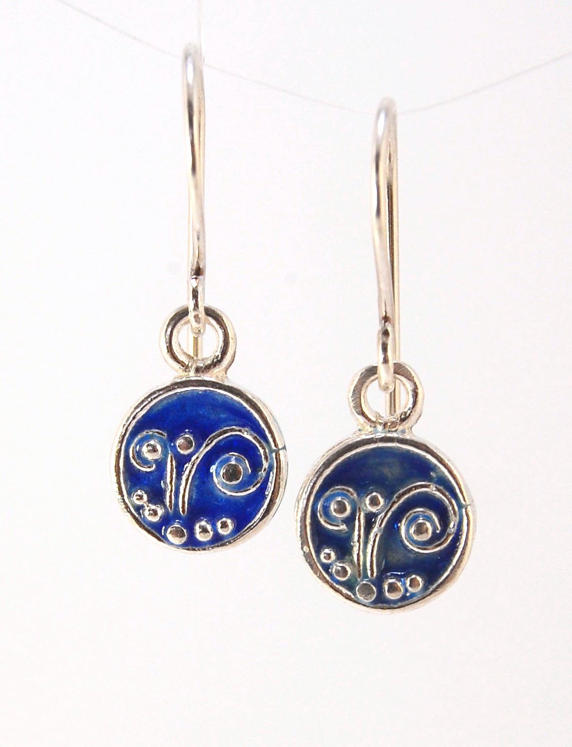 Tiny Enameled Sterling Fern Circle Earrings - 9mm - Prussian Blue These earrings are enameled in a deep Prussian Blue! These are cast from a wax mold of a granulated fern circle I made using the ancient technique of precision fusing. Each piece is cast in