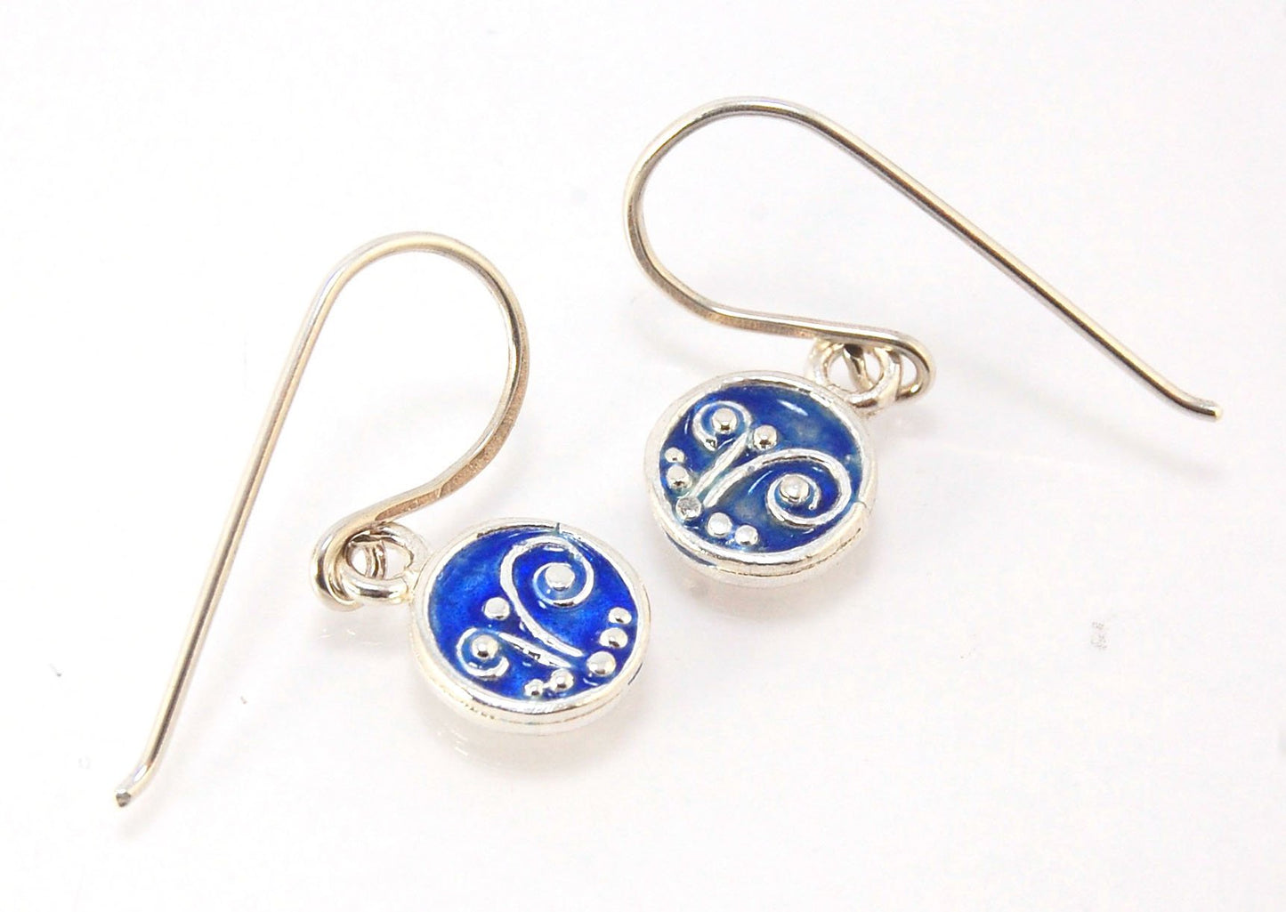 Tiny Enameled Sterling Fern Circle Earrings - 9mm - Prussian Blue These earrings are enameled in a deep Prussian Blue! These are cast from a wax mold of a granulated fern circle I made using the ancient technique of precision fusing. Each piece is cast in