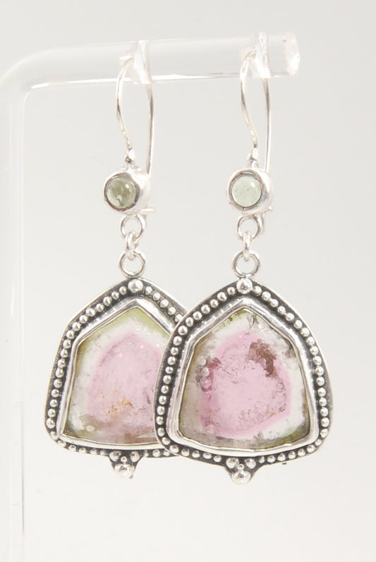 Watermelon Tourmaline Slice Peridot Dangle Earrings