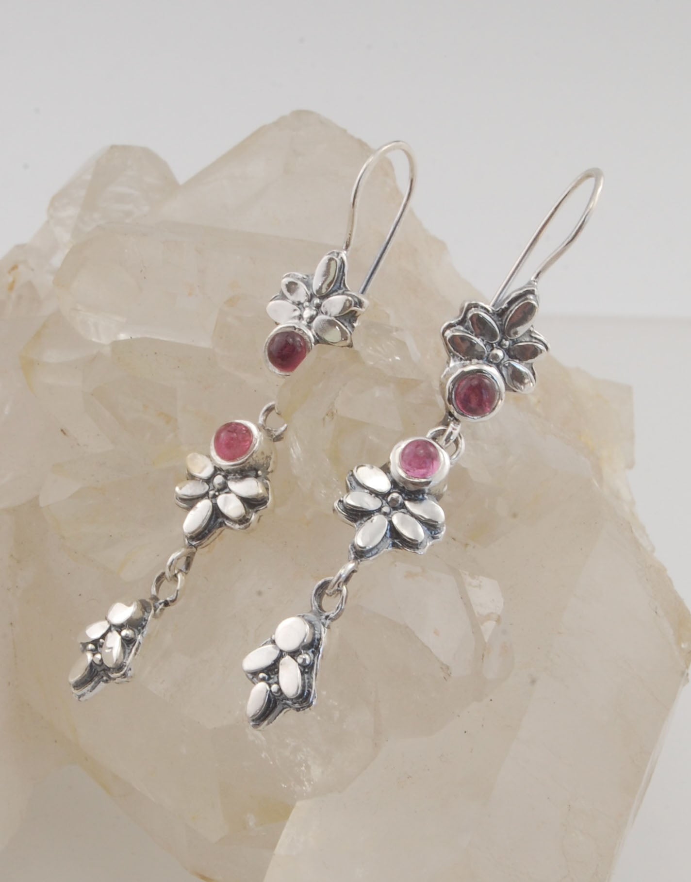 Pink Tourmaline Triple Flower Dangles