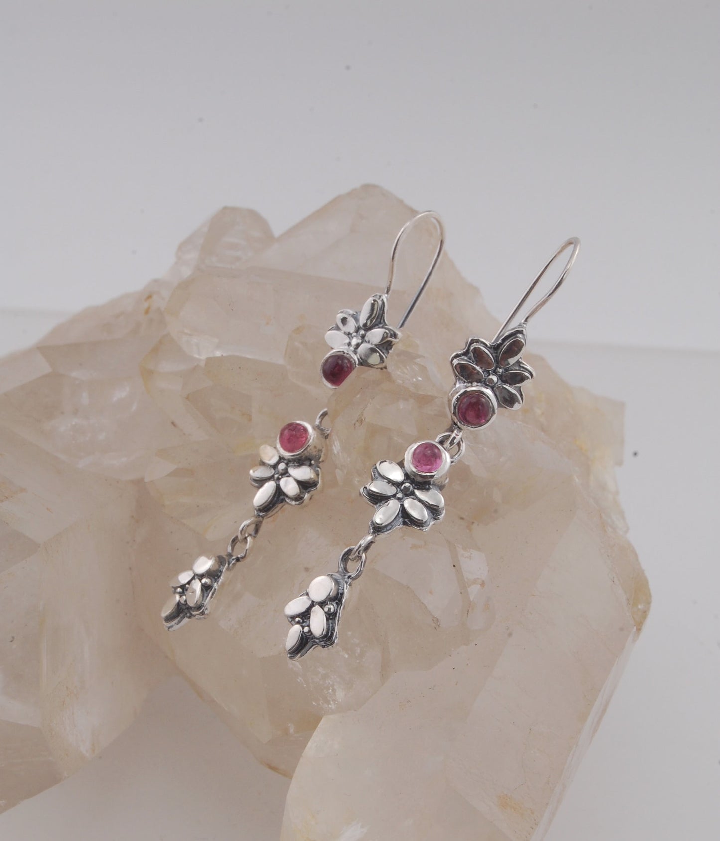 Pink Tourmaline Triple Flower Dangles