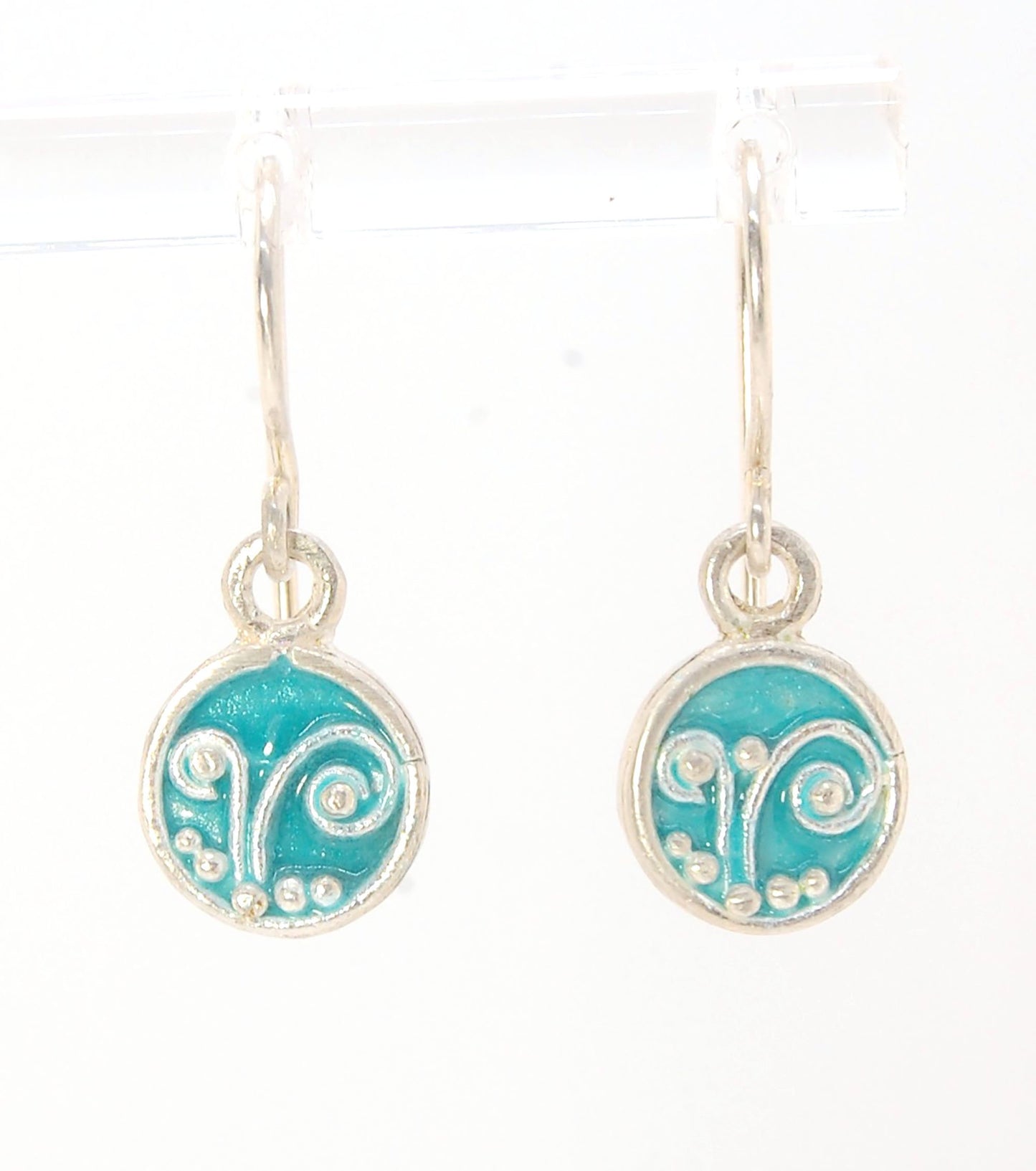 Tiny Enameled Sterling Fern Circle Earrings - 9mm - Turquoise These earrings are enameled in bright Turquoise! These are cast from a wax mold of a granulated fern circle I made using the ancient technique of precision fusing. Each piece is cast in sterlin