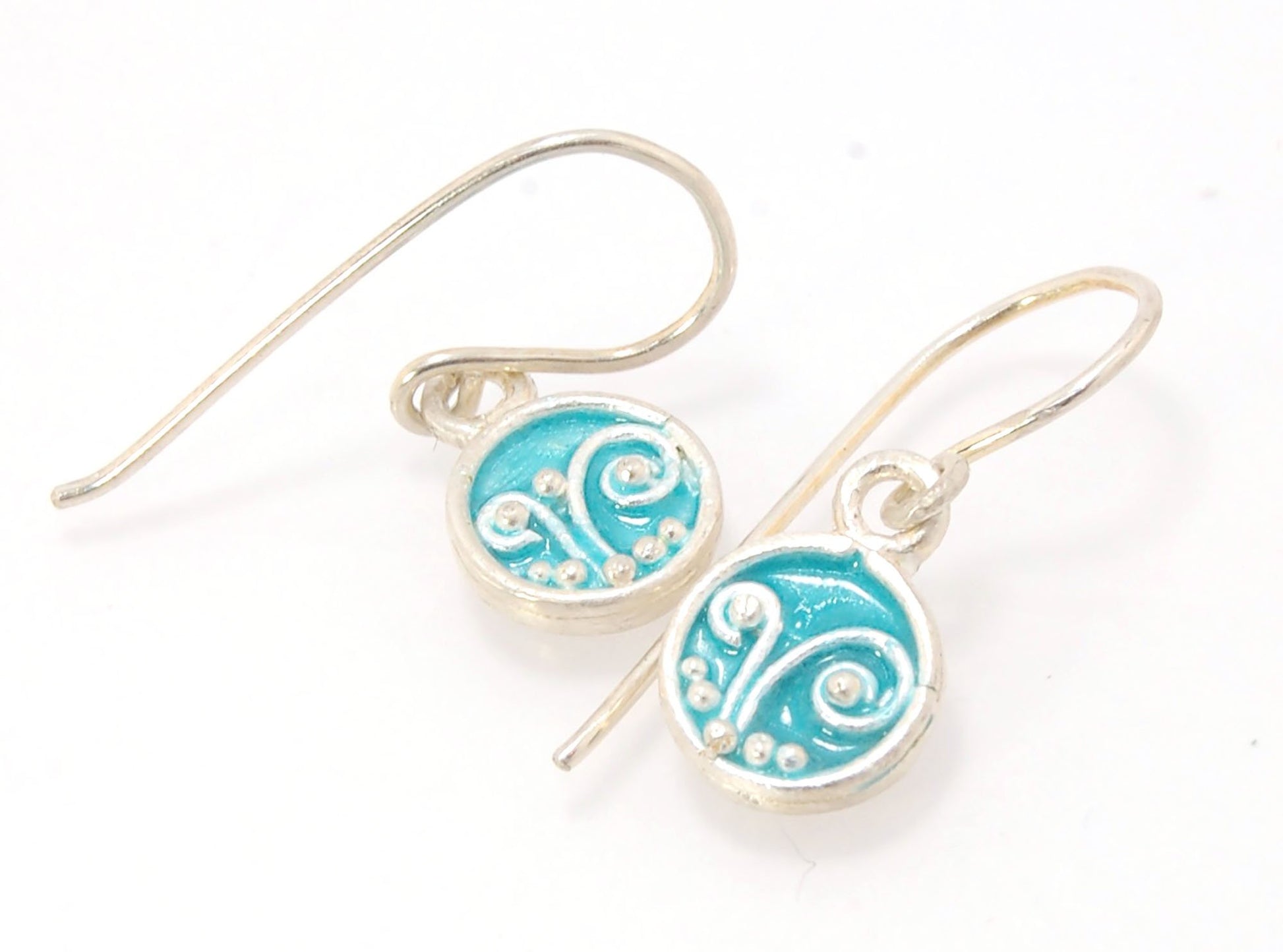 Tiny Enameled Sterling Fern Circle Earrings - 9mm - Turquoise These earrings are enameled in bright Turquoise! These are cast from a wax mold of a granulated fern circle I made using the ancient technique of precision fusing. Each piece is cast in sterlin