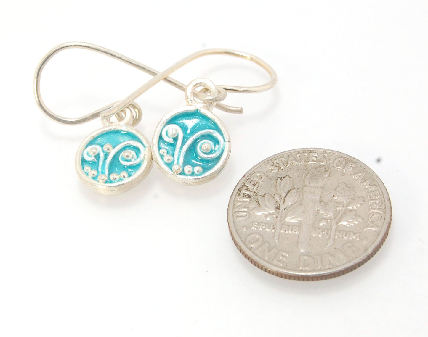 Tiny Enameled Sterling Fern Circle Earrings - 9mm - Turquoise These earrings are enameled in bright Turquoise! These are cast from a wax mold of a granulated fern circle I made using the ancient technique of precision fusing. Each piece is cast in sterlin