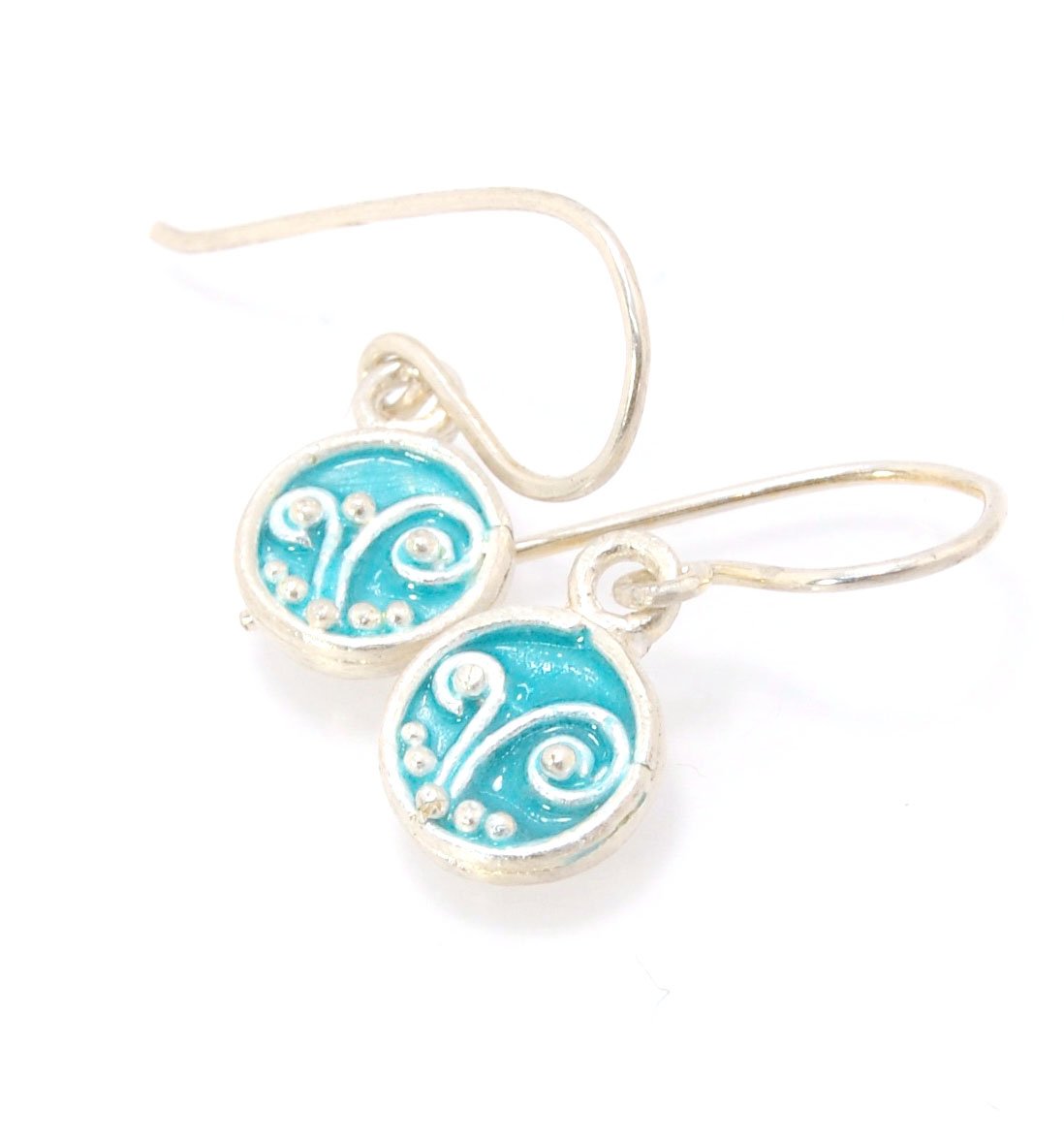 Tiny Enameled Sterling Fern Circle Earrings - 9mm - Turquoise These earrings are enameled in bright Turquoise! These are cast from a wax mold of a granulated fern circle I made using the ancient technique of precision fusing. Each piece is cast in sterlin