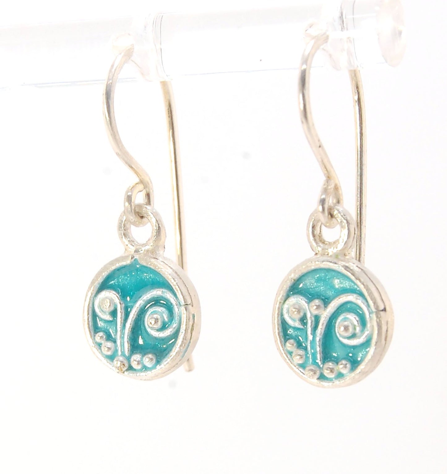 Tiny Enameled Sterling Fern Circle Earrings - 9mm - Turquoise These earrings are enameled in bright Turquoise! These are cast from a wax mold of a granulated fern circle I made using the ancient technique of precision fusing. Each piece is cast in sterlin