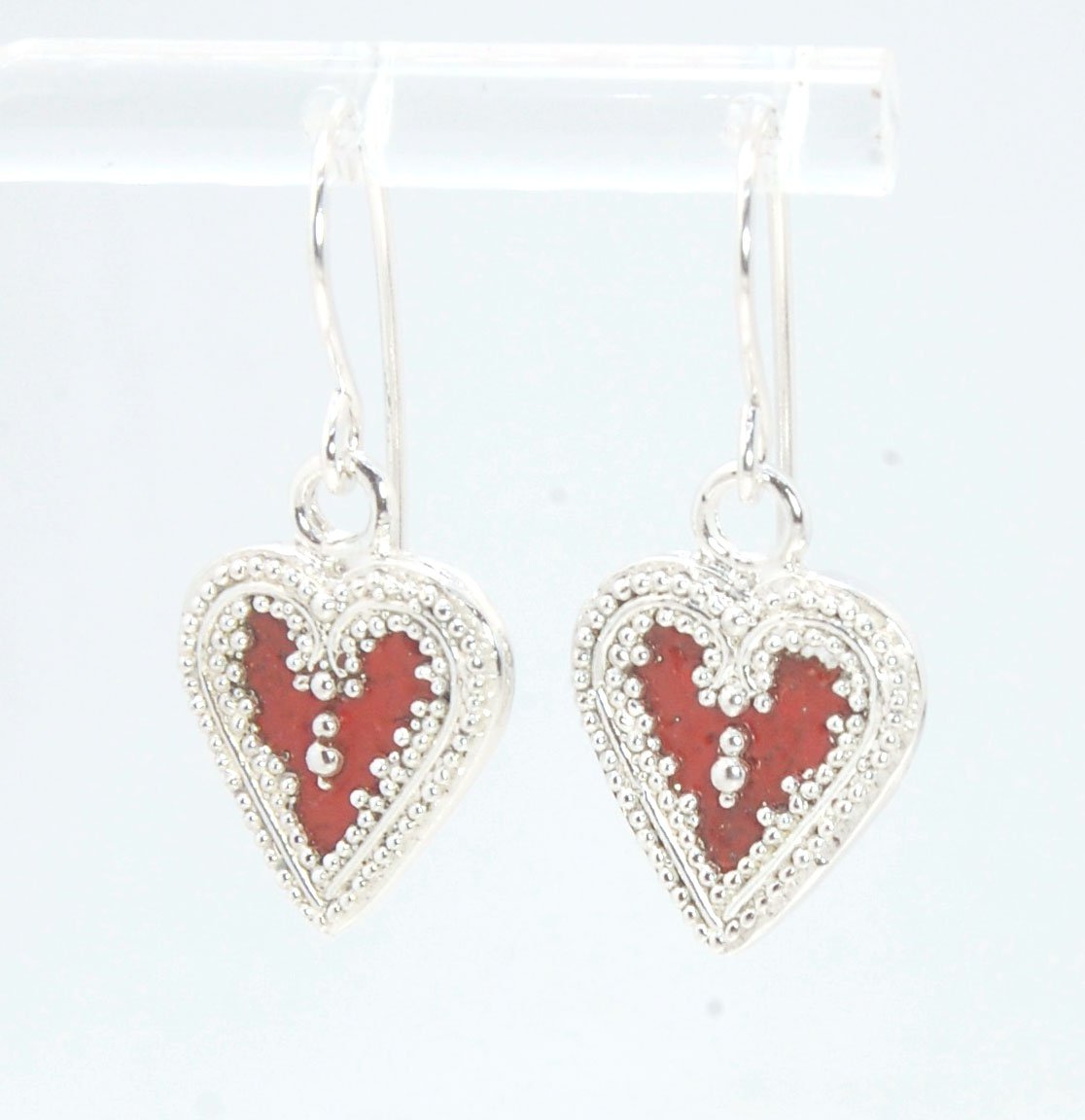 Victorian Hearts Dangle Earrings with Vitreous Enamel It’s VICTORIAN HEART charm dangle earrings in candy colors! Choose from : Red, Hollyhock, Azelea, or MauveThis is a lovely Victorian heart charm in sterling silver with vitreous enamel melted into the