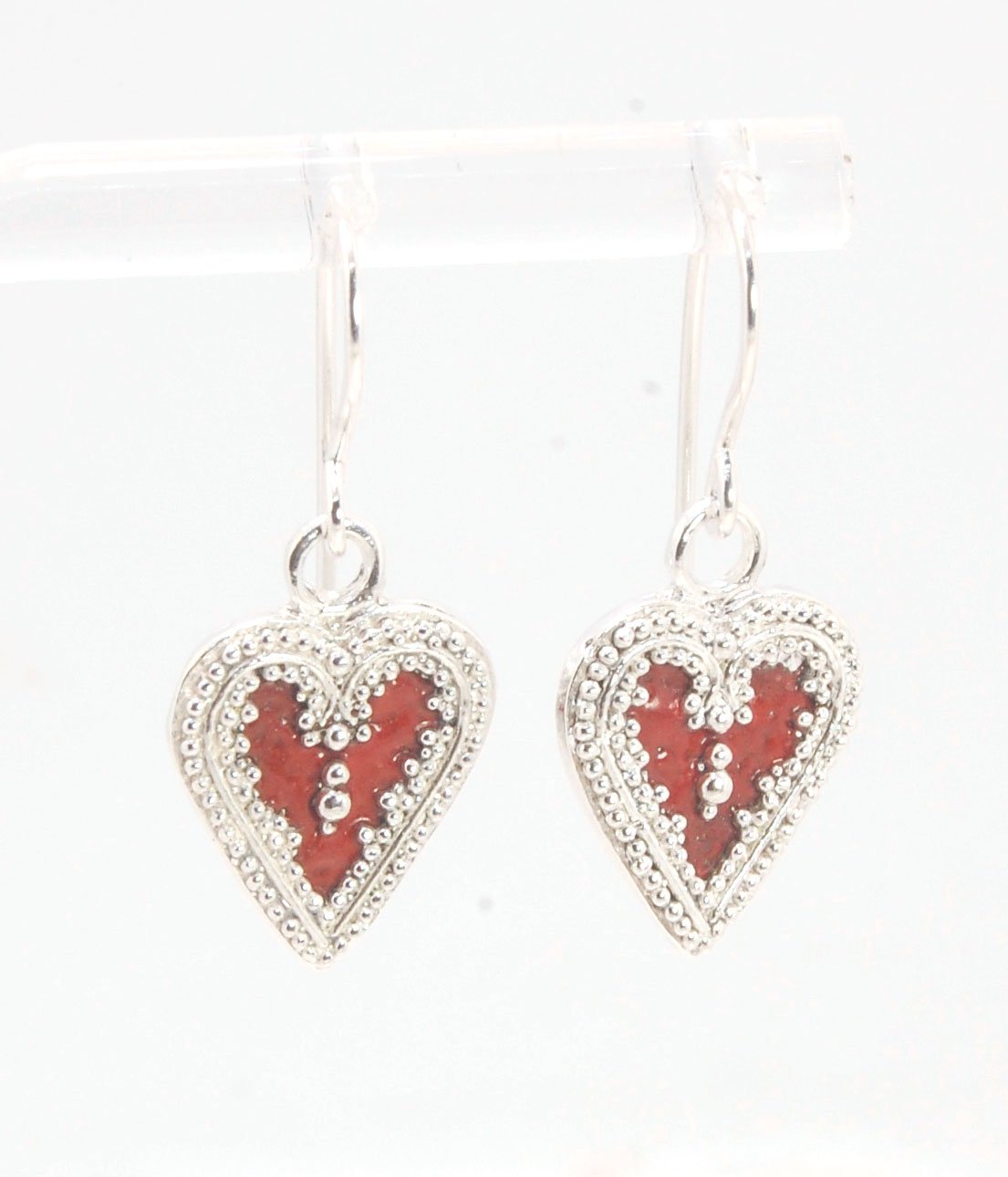 Victorian Hearts Dangle Earrings with Vitreous Enamel It’s VICTORIAN HEART charm dangle earrings in candy colors! Choose from : Red, Hollyhock, Azelea, or MauveThis is a lovely Victorian heart charm in sterling silver with vitreous enamel melted into the