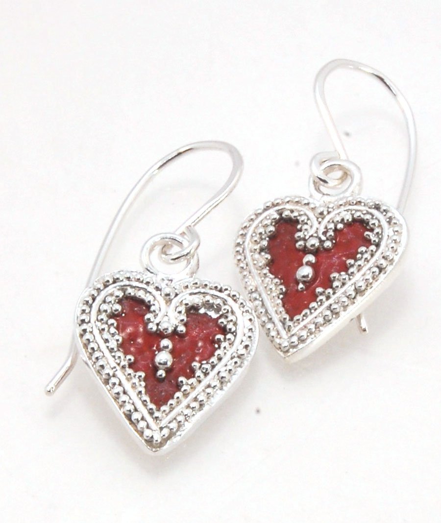 Victorian Hearts Dangle Earrings with Vitreous Enamel It’s VICTORIAN HEART charm dangle earrings in candy colors! Choose from : Red, Hollyhock, Azelea, or MauveThis is a lovely Victorian heart charm in sterling silver with vitreous enamel melted into the