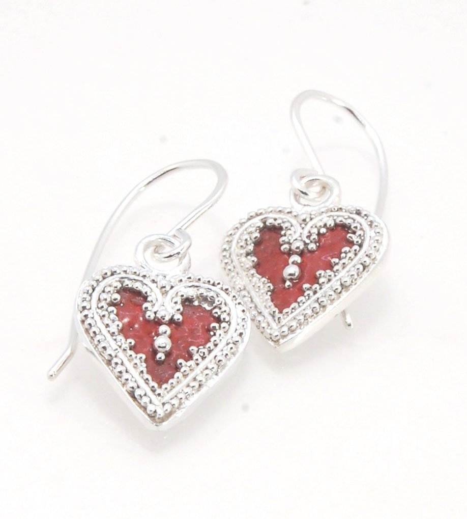 Victorian Hearts Dangle Earrings with Vitreous Enamel It’s VICTORIAN HEART charm dangle earrings in candy colors! Choose from : Red, Hollyhock, Azelea, or MauveThis is a lovely Victorian heart charm in sterling silver with vitreous enamel melted into the