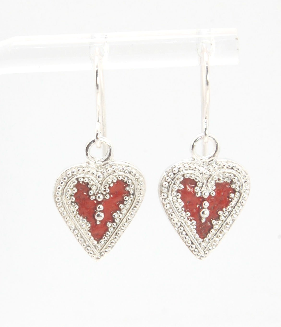 Victorian Hearts Dangle Earrings with Vitreous Enamel It’s VICTORIAN HEART charm dangle earrings in candy colors! Choose from : Red, Hollyhock, Azelea, or MauveThis is a lovely Victorian heart charm in sterling silver with vitreous enamel melted into the