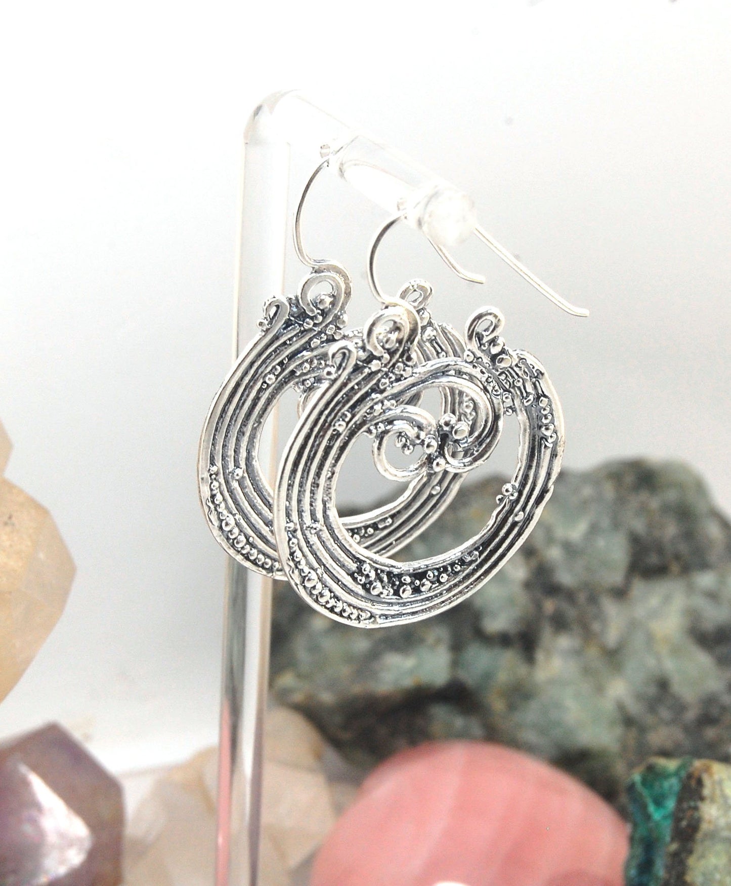 Wave Hoops - Sterling - Large These great Wave Hoops are the Largest of three Waves Hoops. These beauties are cast versions of original fine silver granulation work, which is then molded for repeat waxes and then cast in my studio. Granulation is an ancie