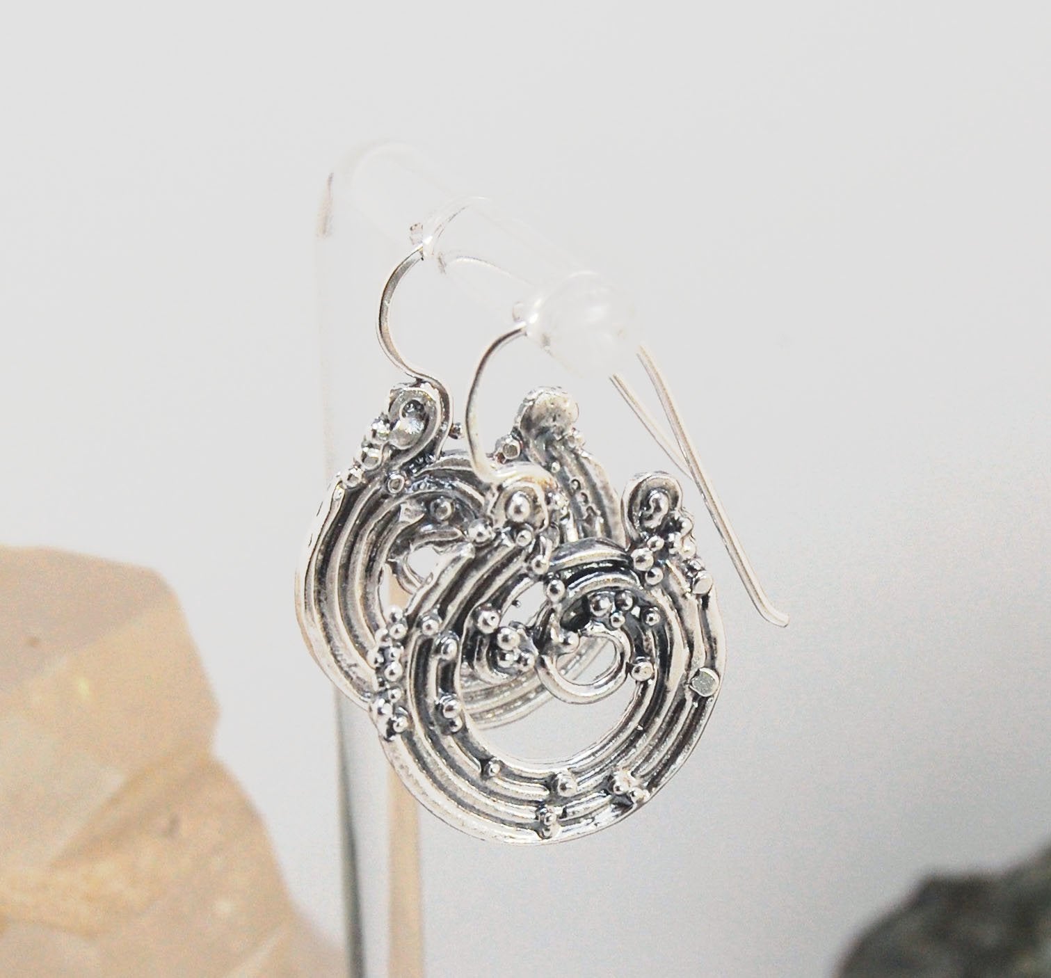 Wave Hoops - Sterling - Medium These Medium Wave Hoops are part of The Minoan Collection. These great Wave Hoops are cast versions of original fine silver granulation work, which is then molded for repeat waxes and then cast in my studio. Granulation is a