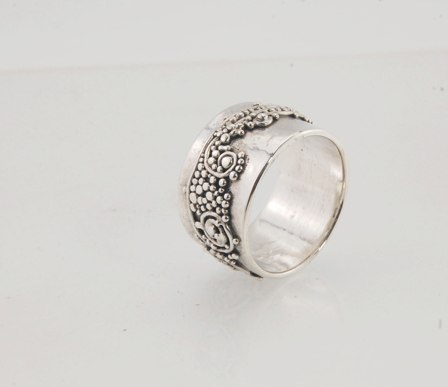 Wide Waves with Sea Foam Fine Silver Granulated Ring -11 mm