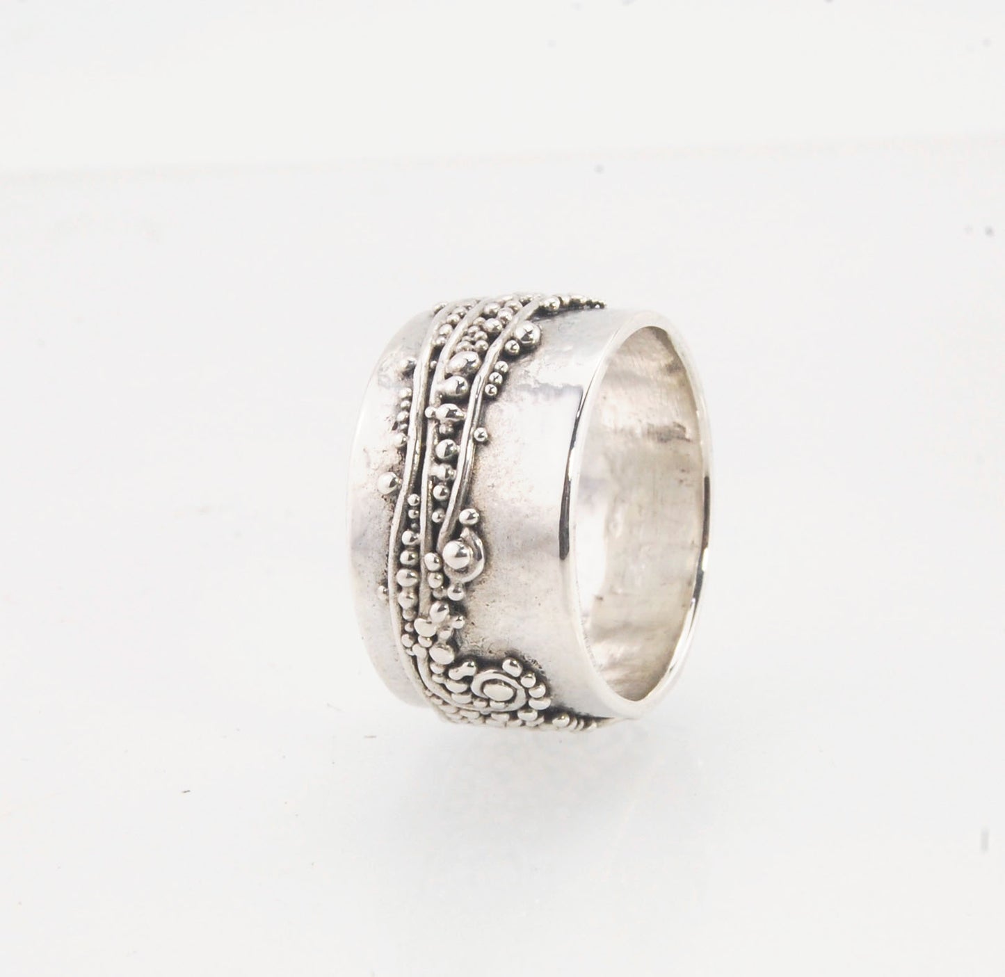 Wide Waves with Sea Foam Fine Silver Granulated Ring -11 mm