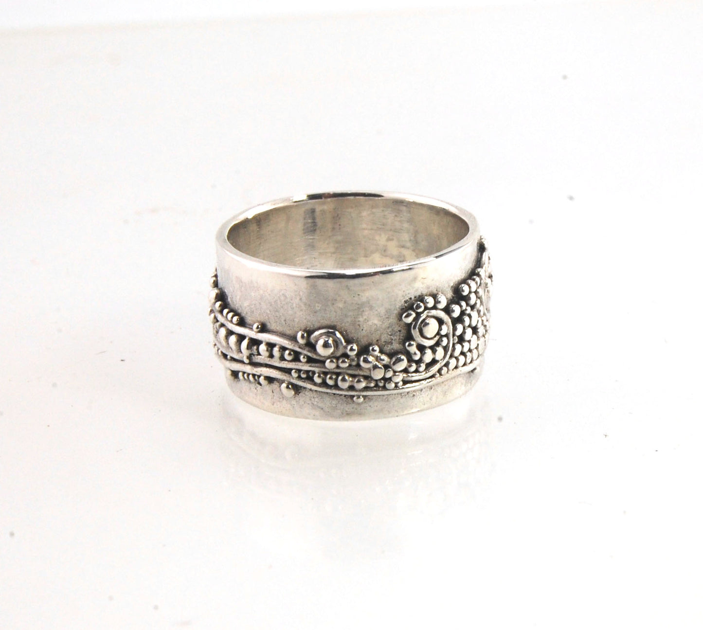 Wide Waves with Sea Foam Fine Silver Granulated Ring -11 mm