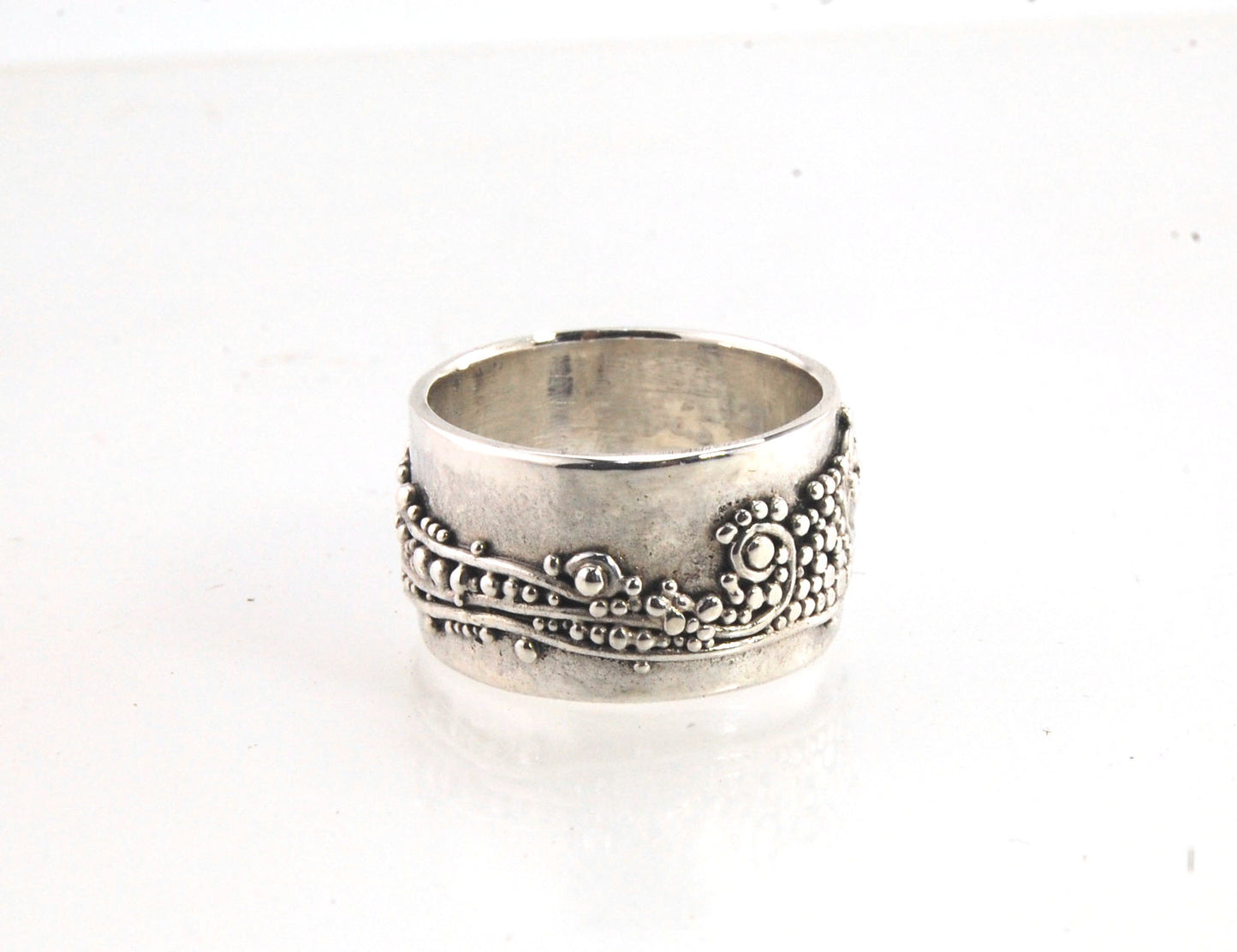 Wide Waves with Sea Foam Fine Silver Granulated Ring -11 mm