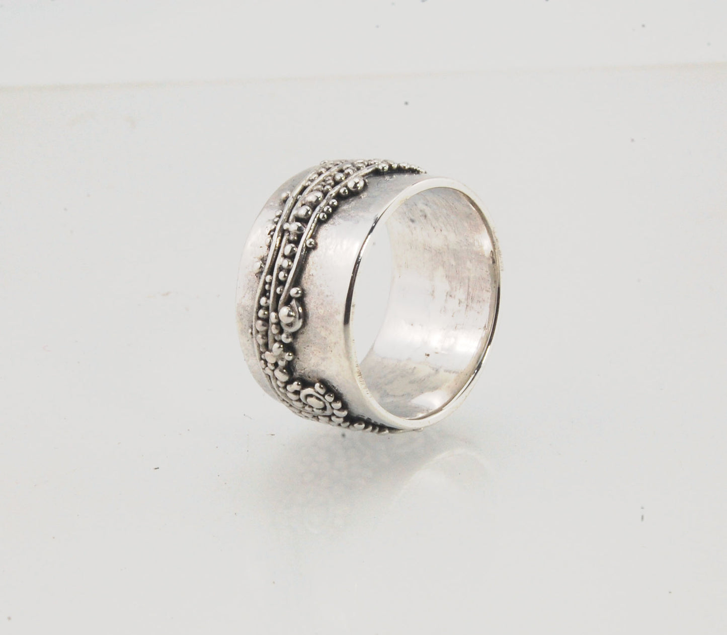 Wide Waves with Sea Foam Fine Silver Granulated Ring -11 mm