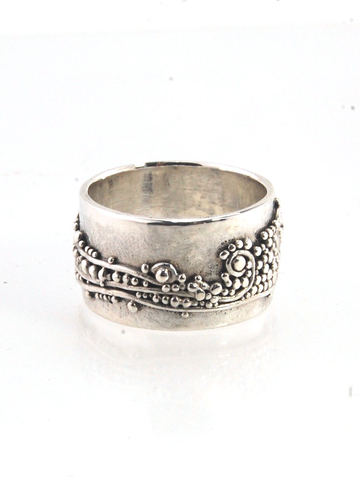 Wide Waves with Sea Foam Fine Silver Granulated Ring -11 mm