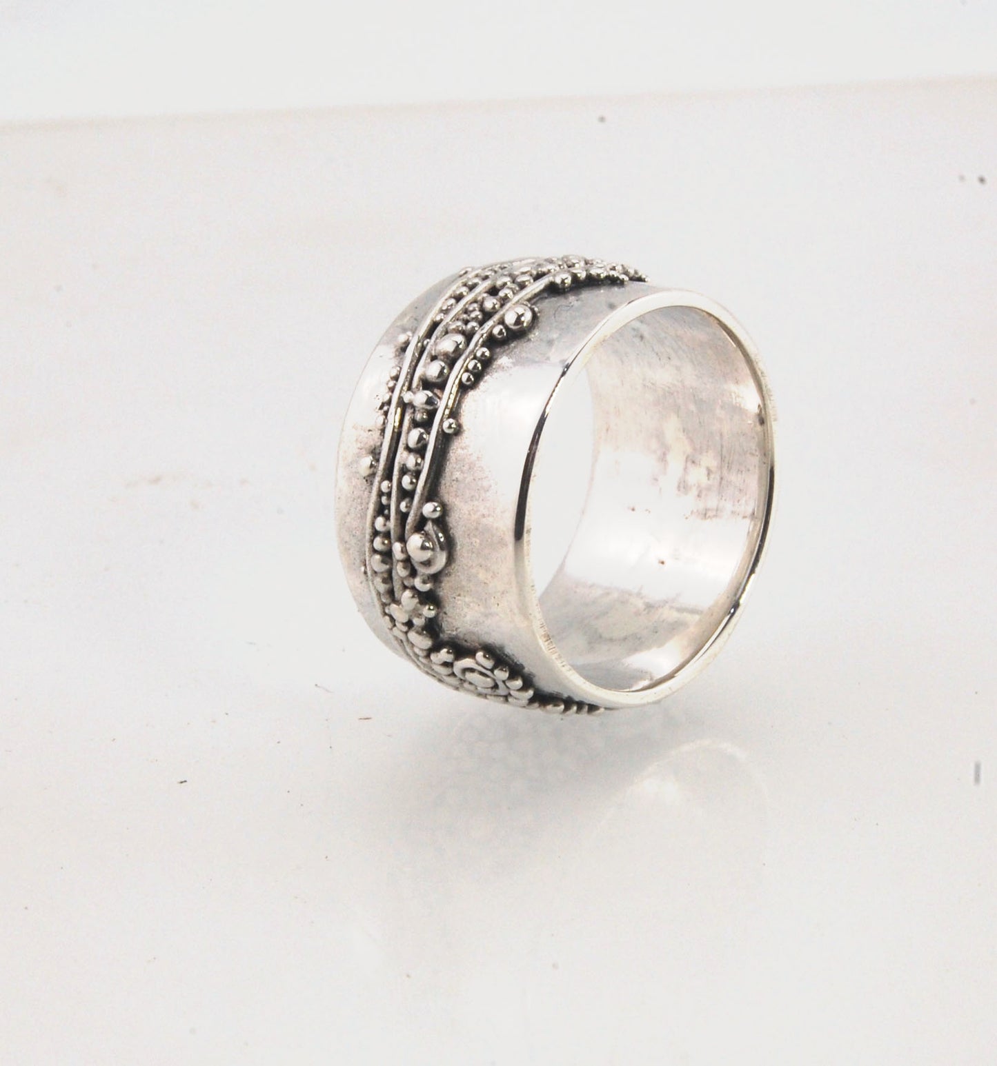 Wide Waves with Sea Foam Fine Silver Granulated Ring -11 mm