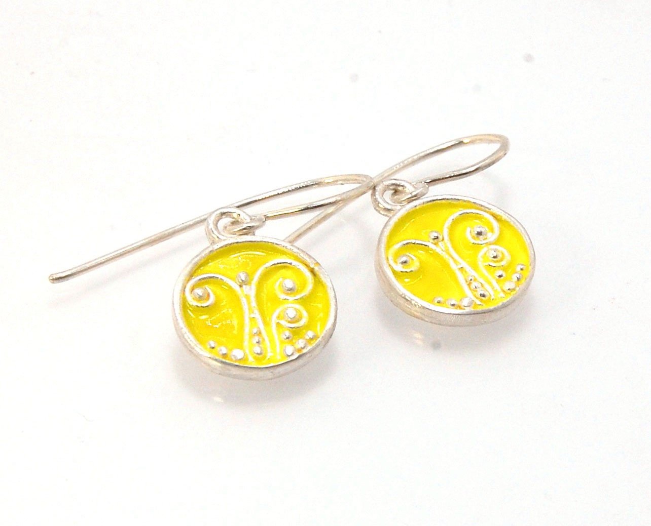 Daffodil Yellow Enameled Sterling Fern Circle Earrings - 12mm cast granulation,Enameled,Enameled earrings,fine silver granulation,silver,Yellow These small silver earrings are enameled in a bright pale yellow! These are cast from a wax mold of a granulate