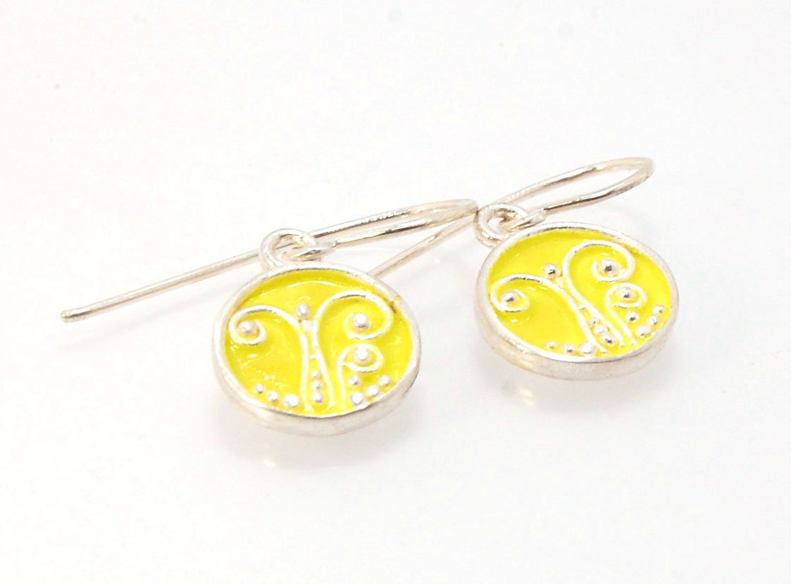 Daffodil Yellow Enameled Sterling Fern Circle Earrings - 12mm cast granulation,Enameled,Enameled earrings,fine silver granulation,silver,Yellow These small silver earrings are enameled in a bright pale yellow! These are cast from a wax mold of a granulate