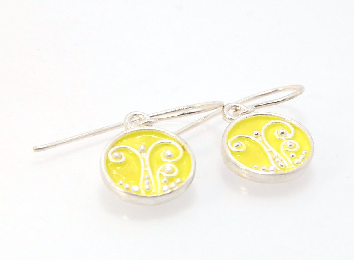 Daffodil Yellow Enameled Sterling Fern Circle Earrings - 12mm cast granulation,Enameled,Enameled earrings,fine silver granulation,silver,Yellow These small silver earrings are enameled in a bright pale yellow! These are cast from a wax mold of a granulate