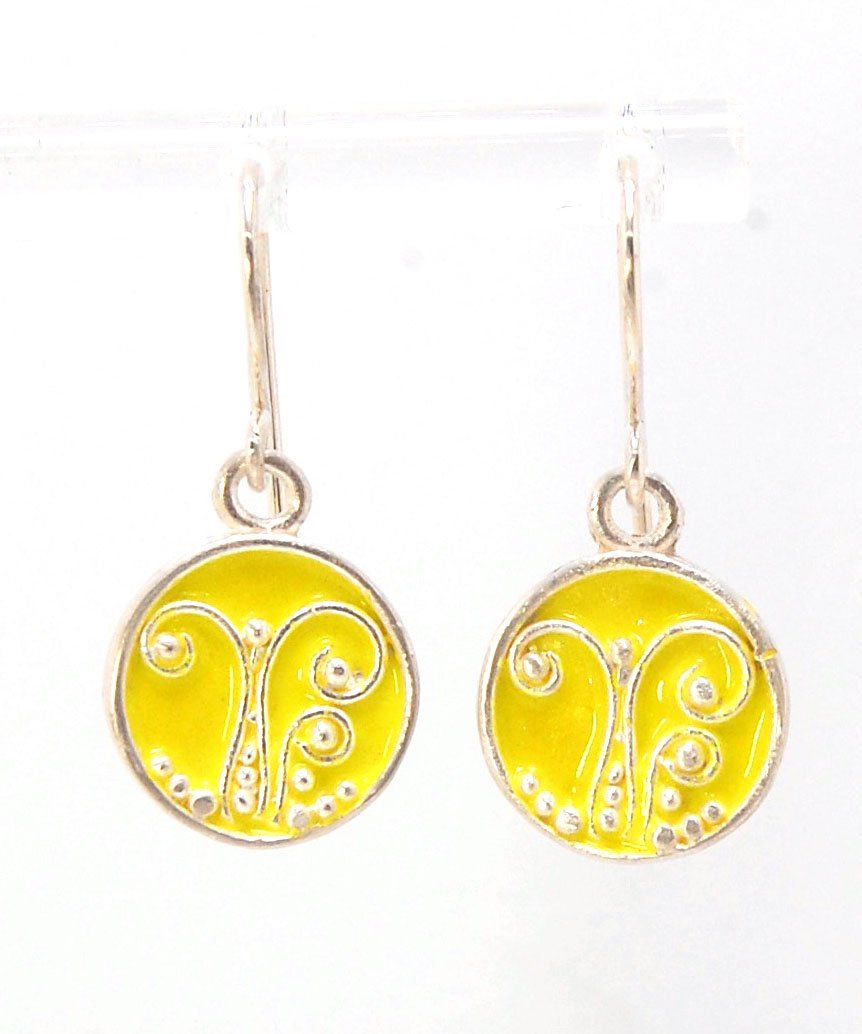 Daffodil Yellow Enameled Sterling Fern Circle Earrings - 12mm cast granulation,Enameled,Enameled earrings,fine silver granulation,silver,Yellow These small silver earrings are enameled in a bright pale yellow! These are cast from a wax mold of a granulate